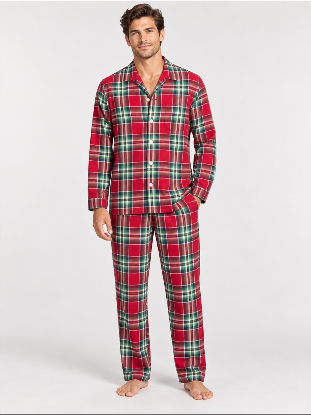 LandsEnd Men's 2 Piece 100% Cotton Flannel Pajama Set, Shirt and Pants